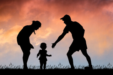 Poster - the family with the little girl taking her first steps