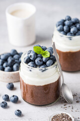 Wall Mural - Chocolate chia pudding with greek yogurt in a jar topped with blueberries. Healthy dessert or snack