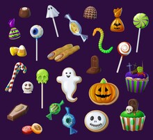 Halloween Sweets, Lollypops And Candies, Cupcakes, Candy Corn And Witch Fingers. Halloween Creepy Treats Set, Scary Chocolate Candies And Cookies With Skull, Ghost And Pumpkin, Eye, Worm And Grave,