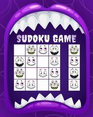 Poster - Children sudoku game or puzzle with cartoon vector faces of Halloween monsters. Kids education riddle or logic rebus in frame of open vampire mouth with cute emoticons of zombie, alien animal, mutant