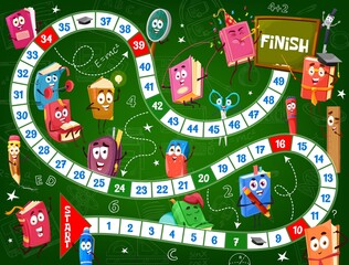 Aufkleber - Kids board game, school textbooks and schoolbags, vector education stationery characters. Start and finish tabletop dice game or riddle puzzle with school books, with pencil and rulers on chalkboard