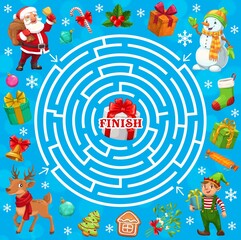 Poster - Christmas holiday labyrinth maze game with vector Santa, Xmas elf and gifts. Kids education game, puzzle or riddle with circular maze, Claus, reindeer and elf characters, present boxes and stocking