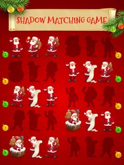 Aufkleber - Christmas game of shadow matching with cartoon vector Santa Claus. Children puzzle, logic riddle or education worksheet template, find correct silhouettes of Santa characters with Xmas gifs and bells