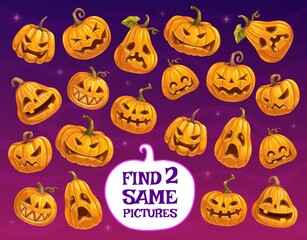 Poster - Halloween game or puzzle vector template of kids education design. Find two same pumpkin lanterns, memory game or matching riddle with Halloween horror holiday jack o lantern pumpkins with scary smile