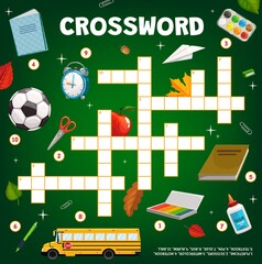 Poster - Crossword puzzle game, cartoon school education stationery, bus and ball, vector. Find word quiz or kids riddle, cross words tabletop game or worksheet with school book, apple and maple leaf