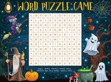 Halloween Word Puzzle Worksheet With Cartoon Sorcerer, Witch, Pumpkin And Ghosts. Kids Word Quiz Or Riddle Game Grid With Halloween Horror Ghosts, Spiderweb And Bats, Evil Wizard And Potion Cauldron