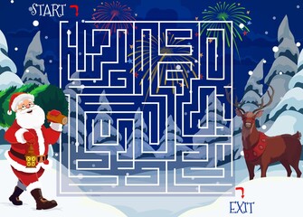 Poster - Christmas maze or labyrinth game with cartoon vector Santa, children education puzzle design. Square maze with find right way or path task on background with Xmas tree, reindeer and Santa Claus