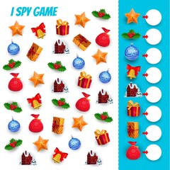 Poster - I spy game children education vector template of Christmas gifts counting puzzle. Logic riddle or quiz with task of search and count cartoon Xmas present box, Santa bag, holly berry, bell and star