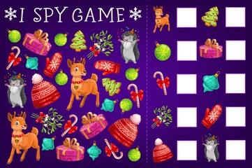 Wall Mural - I spy game or children education puzzle with vector Christmas gifts and reindeer. Mind game, riddle or school book worksheet template of find and count cartoon pictures of Xmas present boxes and balls