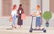 © Natalia - Pedestrian people walk on city street sidewalk, man riding electric scooter vector illustration. Cartoon woman characters walking, hipster with electric scooter, cityscape urban scene background