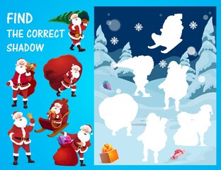 Poster - Children Christmas game or puzzle vector template with find and match correct shadow of Santa cartoon characters on background with Xmas winter holiday forest. Kid education, silhouette matching game