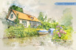 village Giethoorn, the Netherlands, in watercolor sketch style