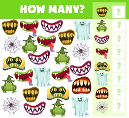 Aufkleber - Children Halloween I spy game template with counting task. Kids exercise, child educational activity or math riddle worksheet with cartoon monsters toothy maws, spooky ghost and frog, spider on web