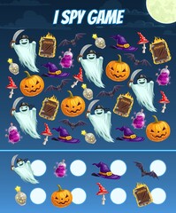 Aufkleber - I spy educational game for kids with Halloween characters and items, vector puzzle. Math worksheet for kindergarten, school, preschool. Development of numeracy skills and attention cartoon riddle page