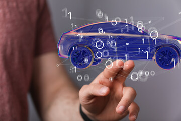 Poster - Electric car icon from lines, triangles and particle style