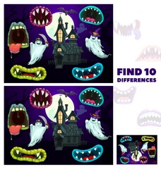 Aufkleber - Kids find differences game with Halloween cartoon monsters maws. Children playing activity, exercise or riddle worksheet with compare and finding details task. Creepy creatures mouth, old house ghosts