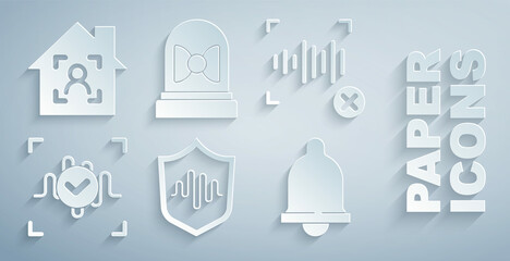 Poster - Set Shield voice recognition, Rejection, Voice, Motion sensor, and Smart home with face id icon. Vector