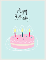 Poster - Happy Birthday Card with Sweet Cake with Candles as Holiday Symbol Vector Illustration