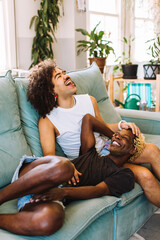 Wall Mural - Young gay couple laughing together at home