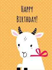 Poster - Happy Birthday Card with Horned Goat Farm Animal with Ribbon Bow on the Neck as Holiday Greeting and Congratulation Vector Illustration