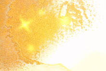 Vinatge Abstract Gold, And White Marble Texture With Sparkles. Vector Background In Alcohol Ink Technique With Glitter. Template For Banner, Poster Design. Fluid Art Painting