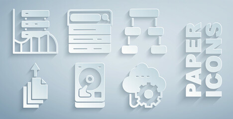 Poster - Set Hard disk drive HDD, Hierarchy organogram chart, Data export, Cloud technology data transfer, Search engine and Server, Data, Web Hosting icon. Vector