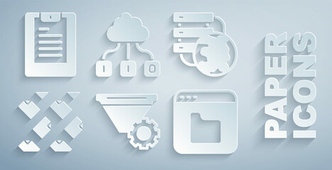Poster - Set Filter setting, Network cloud connection, Data stream, Browser files, Cloud technology data transfer and Server, report icon. Vector