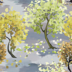  Seamless pattern. Autumn landscape, yellow and orange trees. Texture of paint, canvas.