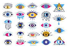 Mystic Evil Eyes, Esoteric Ethnic Eye Elements. Providence Or Protection Talisman Symbol, Magic Occult Amulet, Mystical Oracle Eye Vector Set. Lucky Or Sacred Tattoo Icons Isolated