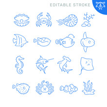 Marine Life Related Icons. Editable Stroke. Thin Vector Icon Set