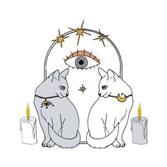 Canvas Print - Vintage Mystic Cats and candles inside arch decorated with stars and all seeing eye drawing print