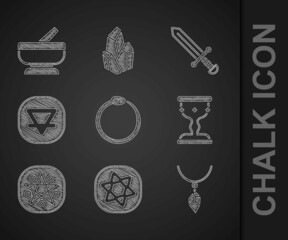 Wall Mural - Set Ouroboros, Tarot cards, Necklace with crystal, Medieval goblet, Pentagram in circle, Earth element, sword and Mortar and pestle icon. Vector