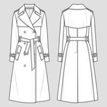 Women's double-breasted trench coat.  Fashion sketch. Flat technical drawing. Vector illustration.