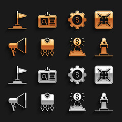 Poster - Set Weight loss, Target, Speaker, Mountains with flag, Megaphone, Gear dollar, Flag and Identification badge icon. Vector