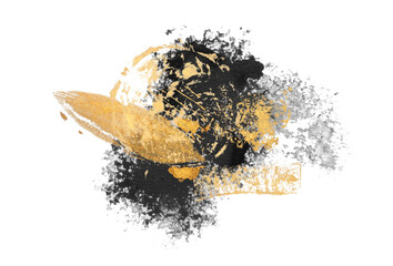 Black Art Watercolor flow blot with gold elements. Abstract texture color stain on white background.