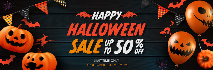 Wall Mural - Halloween Sale Promotion Poster or banner with Halloween Ghost Balloons and Pumpkin.Scary air balloons,bat and Halloween Elements.Website spooky,Background or banner Halloween template.