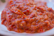 "Salata De Ardei Copti", Typical Romanian Salad Of Roasted Red Bell Peppers, 