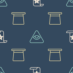 Set line Ancient magic book, Magic hat and Masons on seamless pattern. Vector