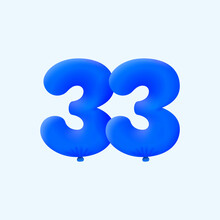 Blue 3D Number 33 Balloon Realistic 3d Helium Blue Balloons. Vector Illustration Design Party Decoration, Birthday,Anniversary,Christmas, Xmas,New Year,Holiday Sale,celebration,carnival,inflatable