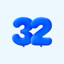 Blue 3D Number 32 Balloon Realistic 3d Helium Blue Balloons. Vector Illustration Design Party Decoration, Birthday,Anniversary,Christmas, Xmas,New Year,Holiday Sale,celebration,carnival,inflatable