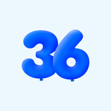 Blue 3D Number 36 Balloon Realistic 3d Helium Blue Balloons. Vector Illustration Design Party Decoration, Birthday,Anniversary,Christmas, Xmas,New Year,Holiday Sale,celebration,carnival,inflatable