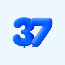 Blue 3D Number 37 Balloon Realistic 3d Helium Blue Balloons. Vector Illustration Design Party Decoration, Birthday,Anniversary,Christmas, Xmas,New Year,Holiday Sale,celebration,carnival,inflatable