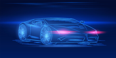 Futuristic sport car. Neon concept. Glowing electric virtual control. Traffic on a road. Minimalistic Background for interface or logo, banner. Vector illustration. Side view.