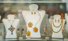 Amber Jewelry Products In A Shop Window.