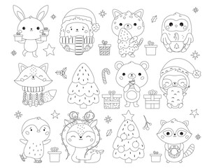 Wall Mural - Christmas and New Year set with cute animals, gifts and sweets. Coloring page for children. Kawaii cartoon characters. Happy New Year. Black and white outline vector illustration.