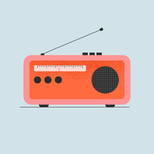 Vintage Radio Receiver With Antenna In Trendy Style. Listening To Music, News On The Radio Channel, Station. Broadcasting Concept. Old Audio Equipment. Isolated Vector Illustration