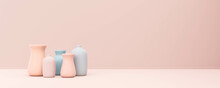 Pastel Rose And Blue Vases In Front Of Pastel Pink Background 3d Render Illustration