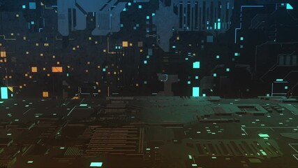 Poster - Abstract visualization of a circuit board with data processing, concept of artificial Intelligence. Motion. Computer details with 3D randomly moving shapes, seamless loop.