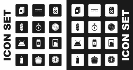 Sticker - Set Stereo speaker, Stopwatch, Sewing thread on spool, Playing cards, Vinyl disk, Cinema glasses, Picture landscape and Needle bed needles icon. Vector