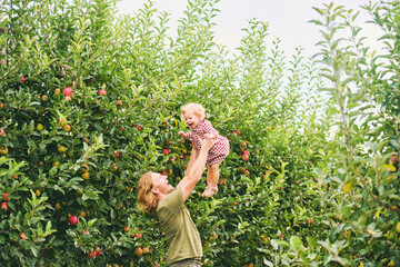 Wall Mural - Happy young father playing with adorable baby girl outside, family lifestyle, dad holding kid high in the air, apple orchard